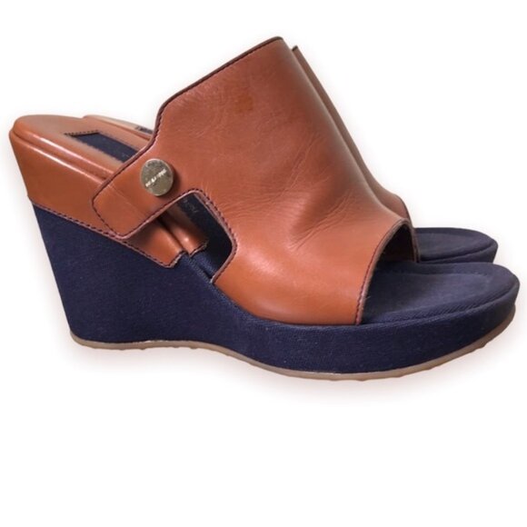 Sergio Rossi Wedge Platform Mules Leather Canvas Slides Wedges Sandals Shoes 39 - Picture 1 of 16